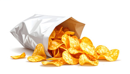 Illustration of golden-brown potato chips spilling from a partially open white bag