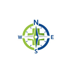 Medical Compass Rose Logo with North South East West Directions and Central Cross on Isolated White Background