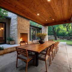 Fototapeta premium Covered outdoor dining area wooden ceiling stone fireplace long wooden table and chairs overlooking lush garden patio with potted plants and ambient lighting