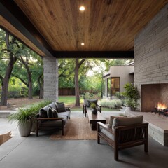 Naklejka premium Modern covered patio with wooden ceiling fireplace and cozy outdoor seating overlooking lush garden