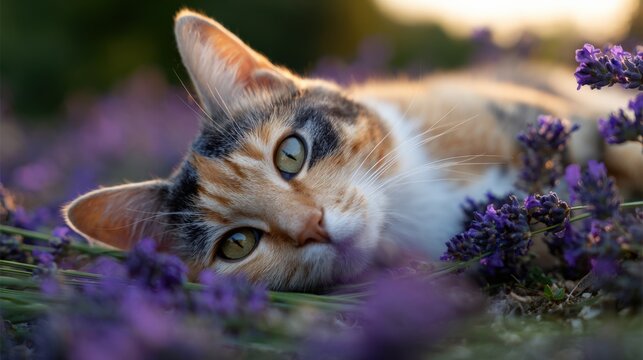 Calico cat lying in lavender field closeup relaxed feline green eyes floral foreground soft light