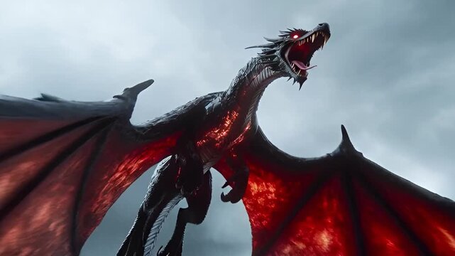 Dark fantasy dragon apocalypse scene, Massive dark dragon destroying a ruined futuristic city, cinematic fantasy apocalypse scene with fire glowing wings and stormy dystopian skyline