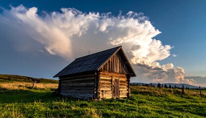 Obraz premium Rustic log cabin stands in grassy field under dramatic sky with cumulus clouds