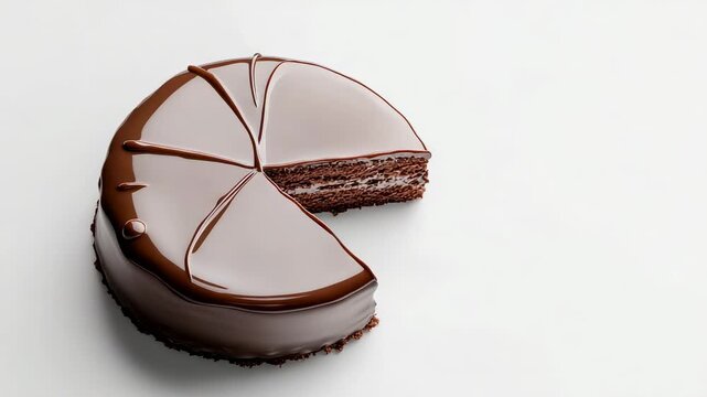 Smooth chocolate cake with glossy glaze and sliced pieces on white background