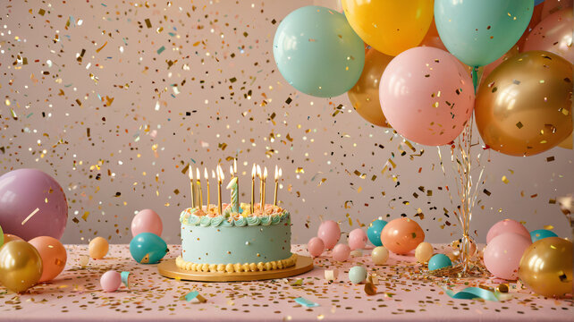 Pastellfarbene Torte mit vielen Kerzen und bunten Luftballons