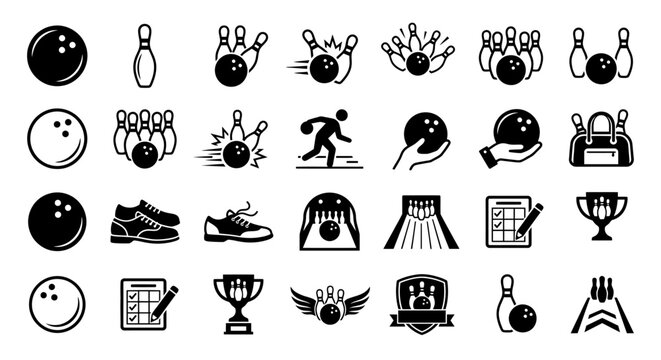 A collection of black and white bowling icons and symbols on a white background