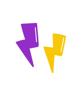 Two stylized lightning bolts in purple and yellow on a white background