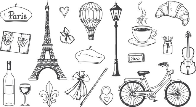 Hand drawn collection of paris symbols and french culture icons in a doodle style. Sketch set with eiffel tower, croissant, coffee, and bicycle for travel or romantic design