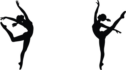 Silhouettes of two ballerinas performing elegant dance poses on a white background Keywords: silhouette, ballerina, ballet © Mst