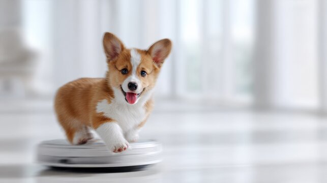 Adorable corgi puppy riding a robotic vacuum cleaner across a bright living room floor smiling playful