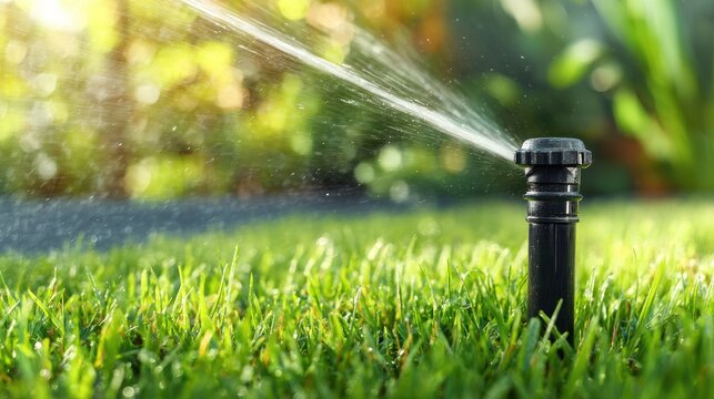 Sprinkler watering green lawn outdoor irrigation system close up sunlight