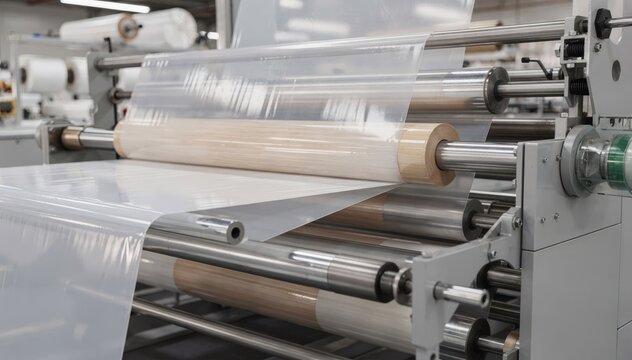 Medium shot of multilayer barrier film lamination process showing solventless bonding technique for enhanced oxygen and moisture resistance in flexible packaging applications.