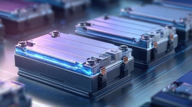 Close up of industrial batteries with blue glowing elements and metallic surfaces