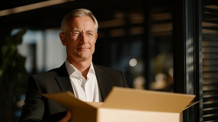 Distinguished older professional organizing awards in box on cleared desk, company badge removed, exiting with grace, venetian blind shadows, ideal for career closure keywords, and modern
