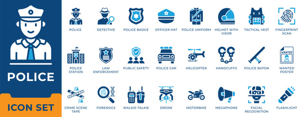 Police and law enforcement icon set. Crime investigation, detective, public safety, forensics, security and patrol equipment vector symbols. © Mst Rafiya Akter