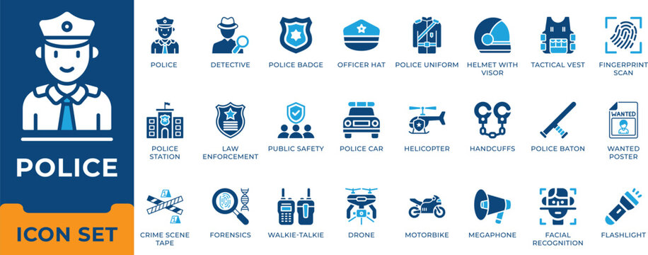 Police and law enforcement icon set. Crime investigation, detective, public safety, forensics, security and patrol equipment vector symbols.
