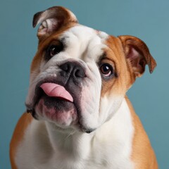 Bulldog puppy portrait tongue closeup brown white tilted head curious expression against teal background, small wrinkled snout and droopy ears showing playful personality