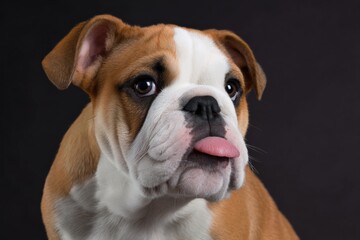 Bulldog puppy portrait tongue closeup brown white studio charming expression against dark background, playful adorable face with droopy ears and wrinkled snout