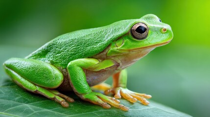 Obraz premium Close up of a vibrant green frog resting on a leaf in natural light