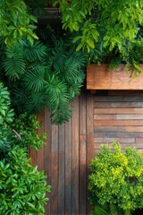 Fototapeta premium Tropical rooftop wooden deck garden top view dense palm foliage overhanging warm wooden planks and raised planter edge