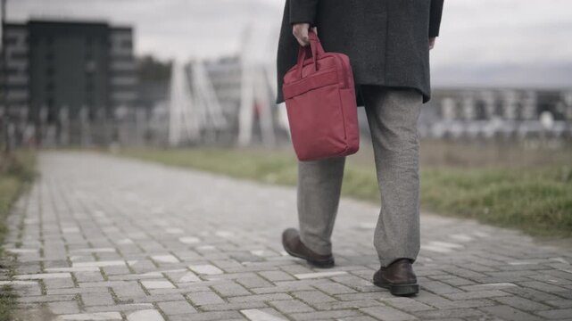 A professional person walks along a paved path carrying a red bag, indicative of a business commute. This footage shows the daily routine of an individual on their way to work.