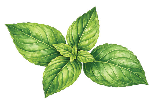 Thai Basil Leaves Ocimum Basilicum Watercolor Botanical Illustration Isolated on Transparent Background