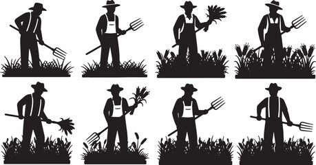 Black Solid Agriculture Farm Worker Silhouettes Set of Six on White Background © Alisha