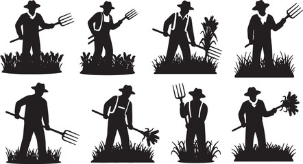 Black Solid Agriculture Farm Worker Silhouettes Set of Six on White Background © Alisha