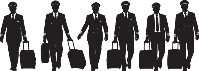 Black Solid Airline Pilots Pulling Luggage Silhouettes Set of Six on White Background © Alisha