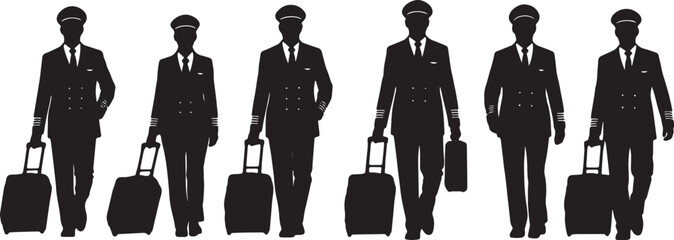 Black Solid Airline Pilots Pulling Luggage Silhouettes Set of Six on White Background © Alisha