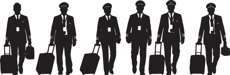 Black Solid Airline Pilots Pulling Luggage Silhouettes Set of Six on White Background © Alisha