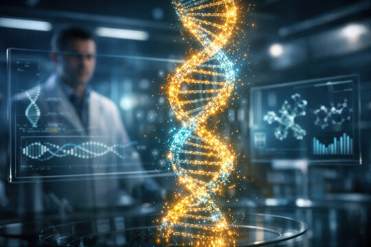 Personalized mRNA cancer vaccine synthesis in futuristic lab glowing double helix data strand with holographic DNA sequencing maps and observing scientist oncology immunotherapy breakthrough