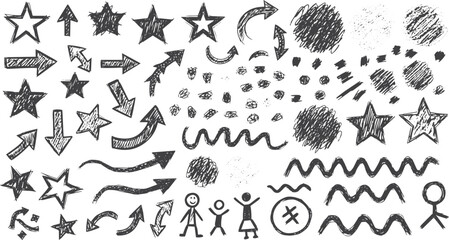 Hand drawn crayon scribble element set with sketch arrows, scribbled stars, random curves, messy swatches. Chaotic grunge marks, sketched confetti, children chalk drawing. Vector illustration © Nasima