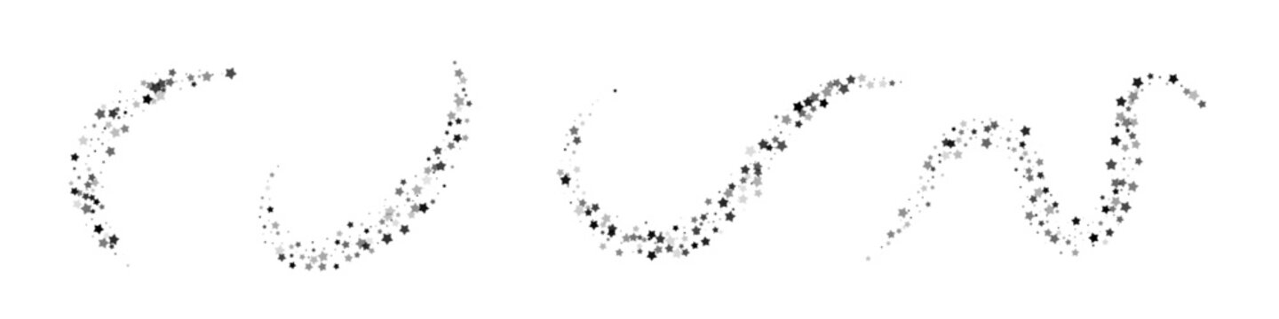 Magic silver dust light trail. Star sparkle trail shapes. Sparkling grey particles forming curved decorative arcs on light background space. Festive vector illustration.