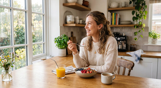 Morning Bliss: A woman enjoys a healthy breakfast of cereal and fruit in a sunlit kitchen, gazing out a large window at a vibrant garden, embodying a peaceful start to the day.