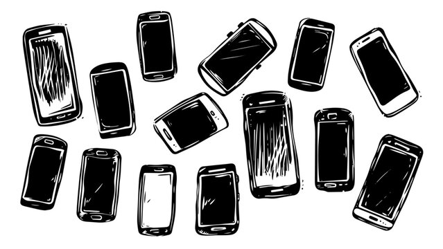 Vector doodle black linocut different cartoon smartphones phones mobile icon set and texture