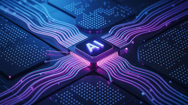 AI processor chip on motherboard with glowing purple data flow high tech circuit board background