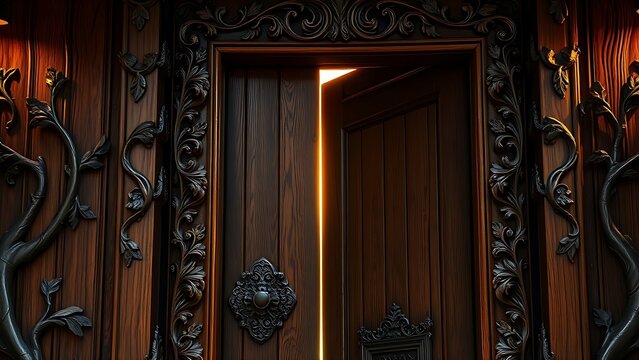 ajar. An ornate oak door left slightly ajar with vine carvings, warm light from the crack. real-estate listings.