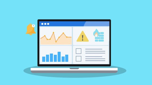 Flat vector animation of a laptop displaying a cybersecurity dashboard with charts, warning alert, and notification bell. Represents system monitoring, threat alerts, data protection, and digital tech