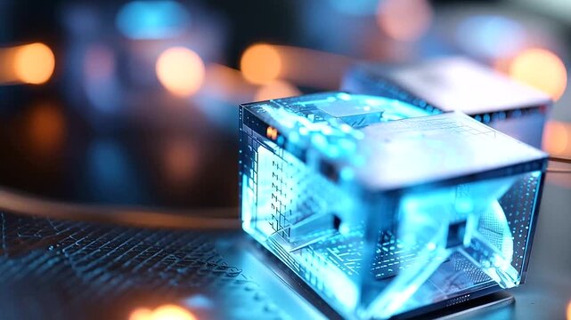 Abstract isometric visualization of a KPI performance framework a three dimensional acronym structure surrounded by floating goal and process icons in vivid electric blue each