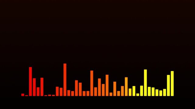 Red and yellow voice record, artificial intelligence, waveform equalizer and visualization of audio wave. Animation. Red to yellow gradient bottom pulsating bar signal on black background.