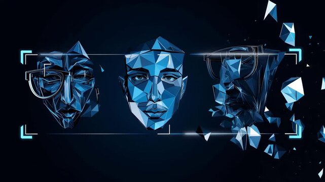Three abstract faces made of geometric shapes showing different expressions and styles in a digital space