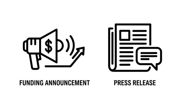 Funding announcement and press release icons representing financiai news and vitai public communication strategies