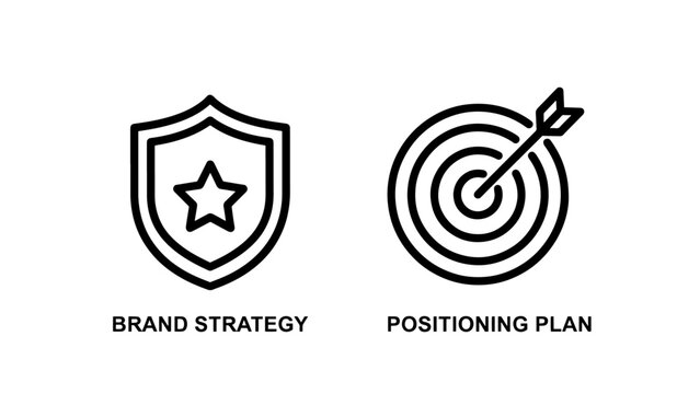 Brand strategy and positioning plan icons, marketing and business goais