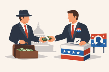 Vector illustration of a lobbyist handing cash to a politician by a ballot box, representing political corruption, bribery, campaign finance, and buying election votes in a government setting.