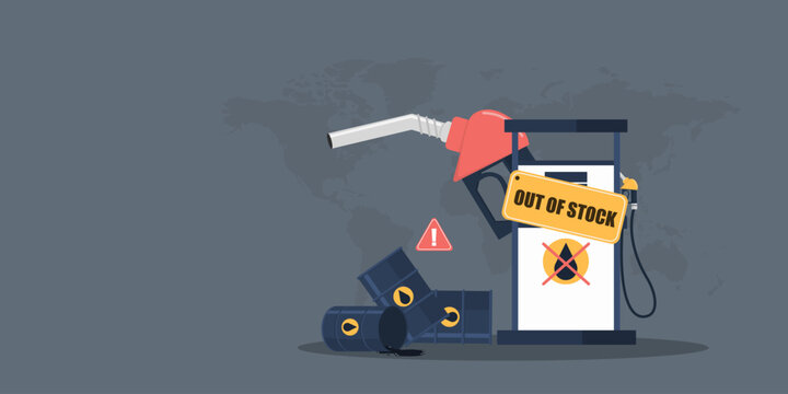 Gas station pump with out of stock sign and spilled oil barrels on world map background, global fuel shortage and energy crisis.