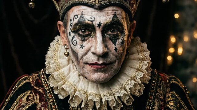Dramatic portrait of an older male court jester with pale white face paint and black diamond patterns wearing a majestic dark velvet gold embroidered costume with a pleated ruff