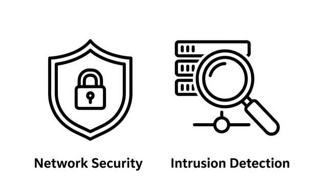 Network security shield with lock and intrusion detection server icons
