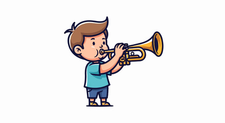 Cartoon boy playing a brass trumpet with puffed cheeks