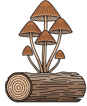 Cluster of brown mushrooms growing from a rough-cut log